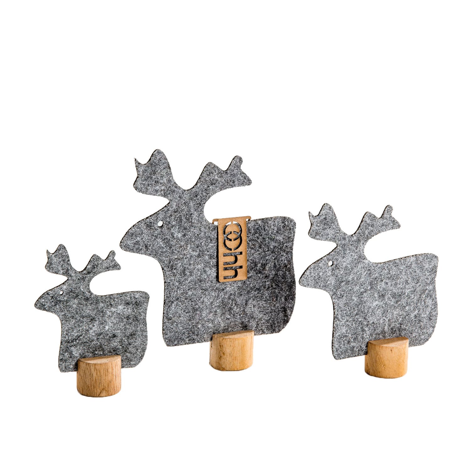 Filz-Rentiere auf Holzfuss 3er-Set Rentiere aus grauem Filz mit Holzfuß