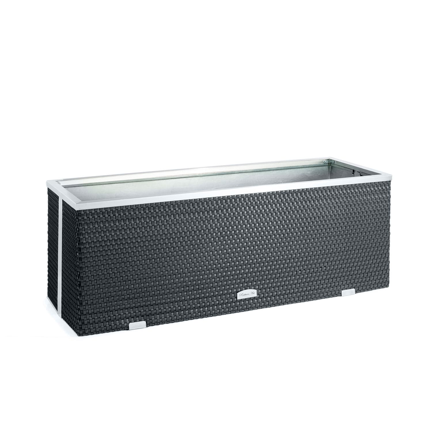 Rattan-Pflanzkübel mit Alubeschlägen 108 x 39 x 43 cm Rattan-Pflanzkübel mit Alubeschlägen 108 x 39 x 43 cm