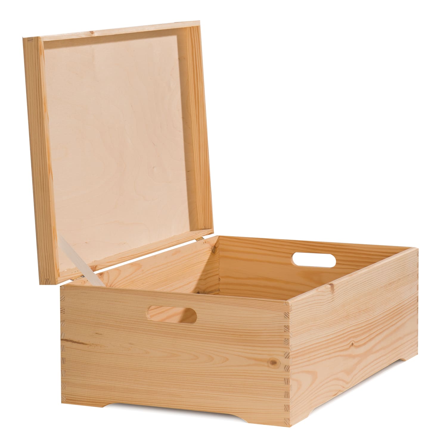Stapelbox aus Kiefernholz, FSC-zertifiziert Mehrzweckbox mit Griffmulden an den Seiten und Band zum Halten des Deckels