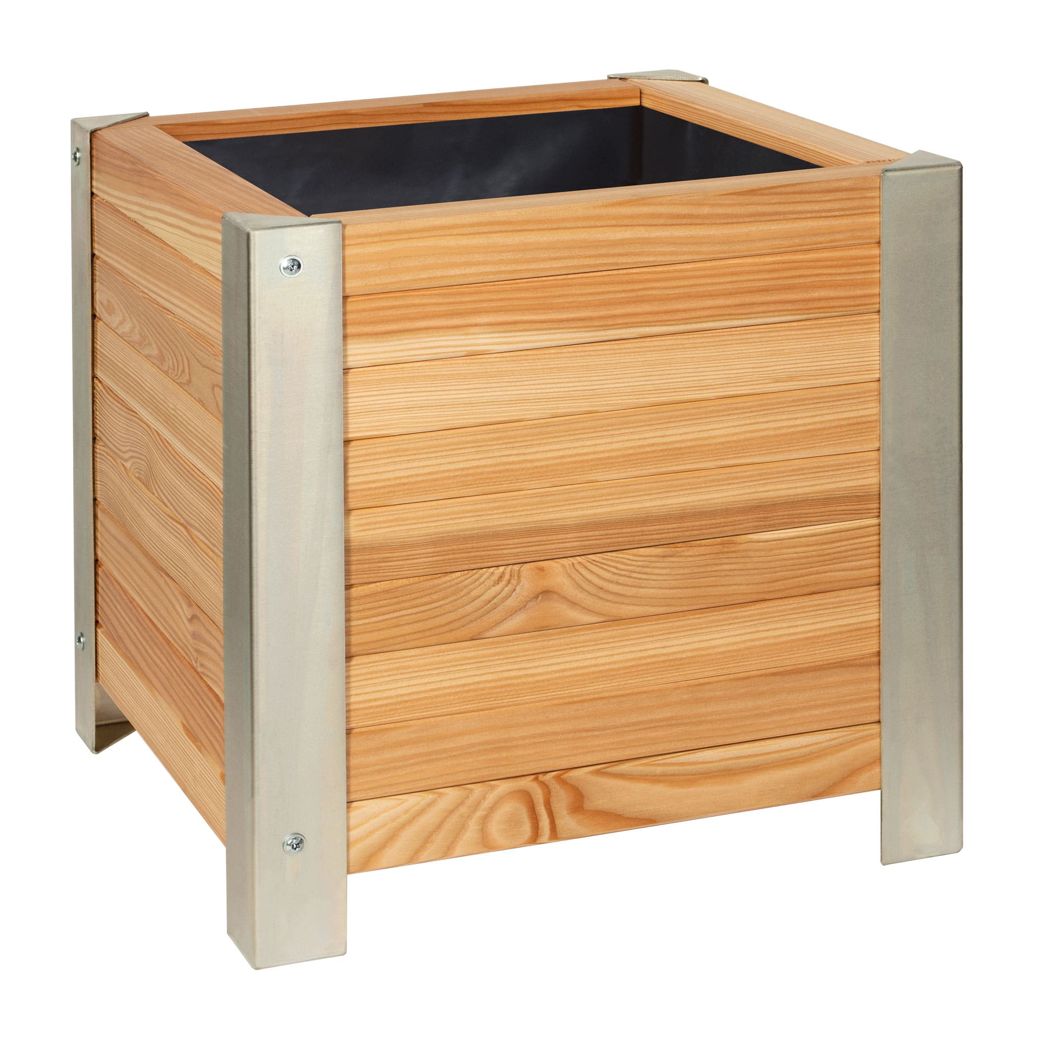 Pflanzgefäß aus Lärchenholz mit Silber-Beschlägen Pflanzgefäß aus Lärchenholz mit Silber-Beschlägen