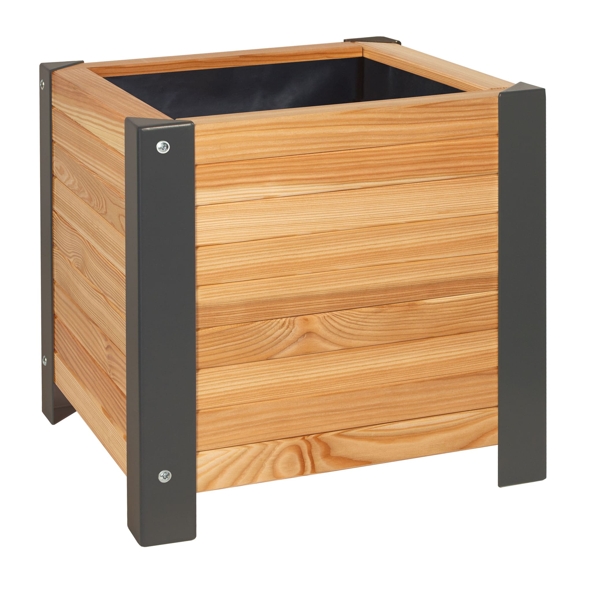 Pflanzgefäß aus Lärchenholz mit Anthrazit-Beschlägen Pflanzgefäß aus Lärchenholz mit Anthrazit-Beschlägen
